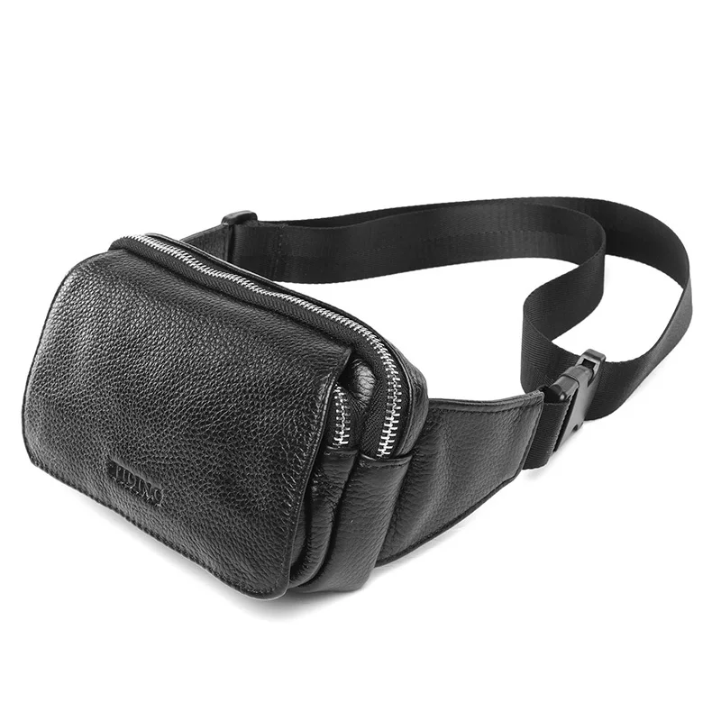 

TIDING Wide Strap New Black Leather Fanny Packs Fashion Waist Bum Bag Travel Work Shoulder Bag 3091R