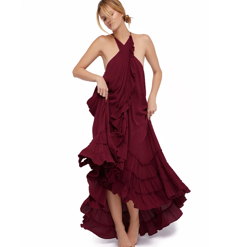 

Women Dress Summer Halter Backless Sexy Dress Female Bohemian Solid Sleeveless Loose Maxi Dress Holiday Boho Dress