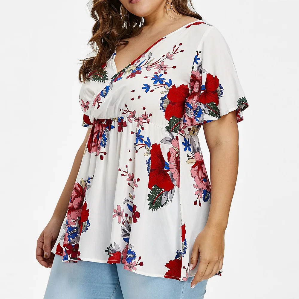 2018 Women V Neck Chiffon Shirts large size Floral Print Summer Shirt Plus Size Tops Backless Bandage Blouse Boho 5XL 4XL Blusa Blouses