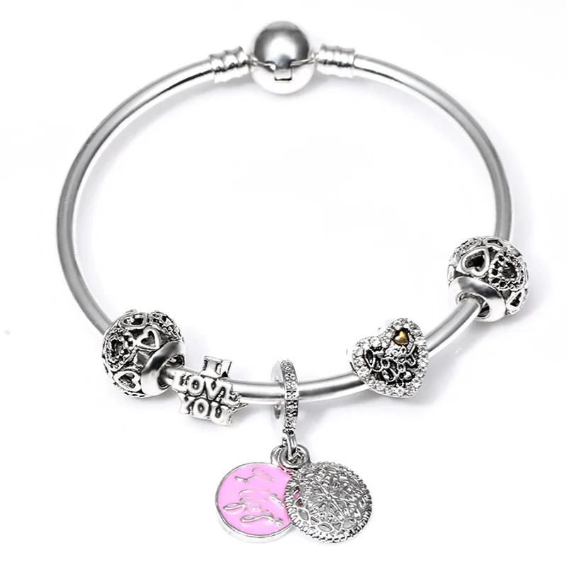 DINGLLY розовое сердце Шарм Браслеты и браслеты с бантом серебряный браслет из бусин для женщин мужчин пары любовь дружба браслет - Окраска металла: DSZ027