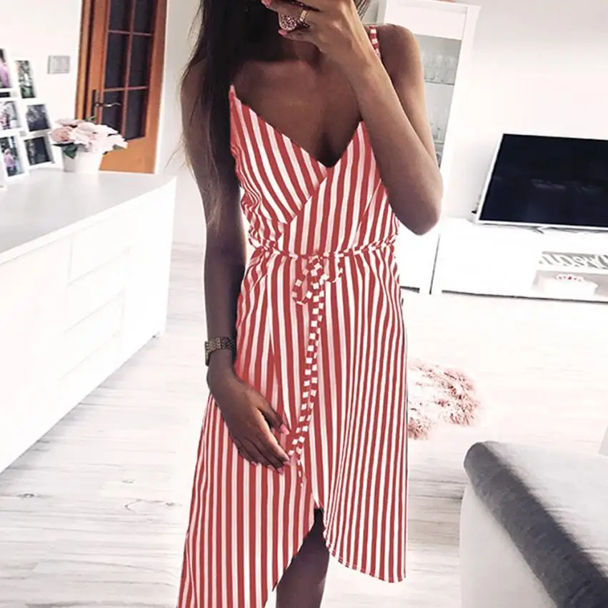 KANCOOLD dress Women Stripe Printing Sleeveless Off Shoulder Dress Evening Party Vest Empire Sashes dress women 2018AUG1