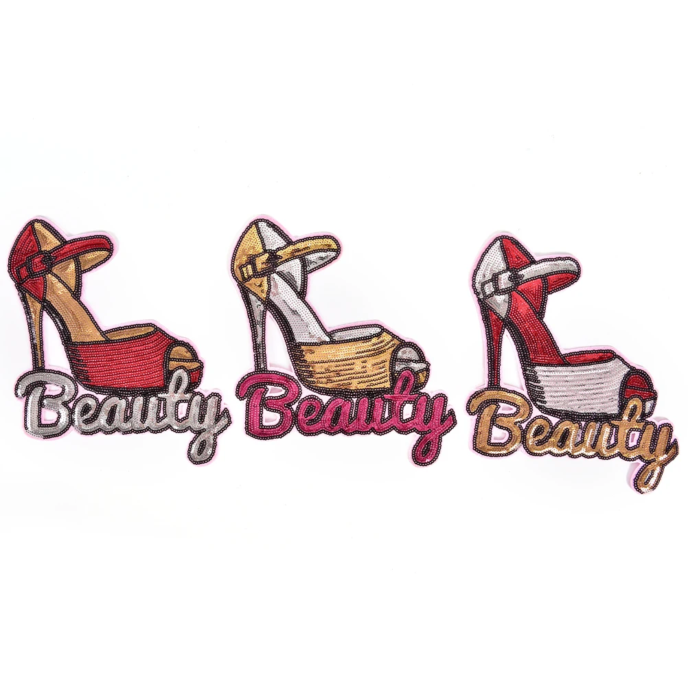 2018 1PC Beauty Red with letter High heels shoes sewing sequin Patches Applique Cartoon Patch grils clothes accessory wholesale