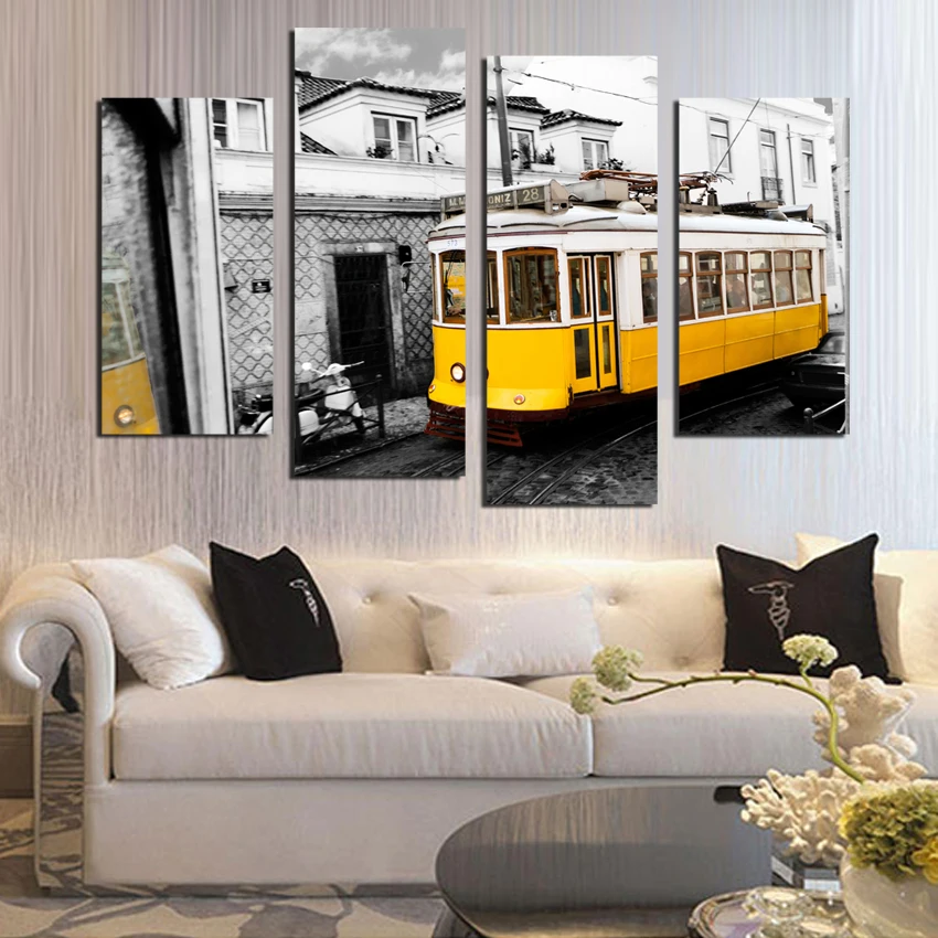 

Retro Style 4 Piece Yellow Bus Canvas Print Canvas Painting Home Decor Wall Art Picture for Living Room No Frame F1856
