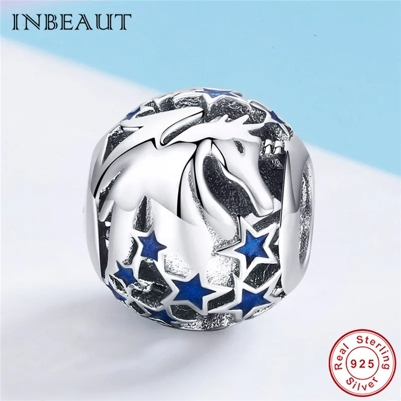 

fit Pandora Bracelet Genuine 925 Sterling Silver Blue Enamel Star Flying Horse Charm Real S925 Fairy World Beads DIY Jewelry