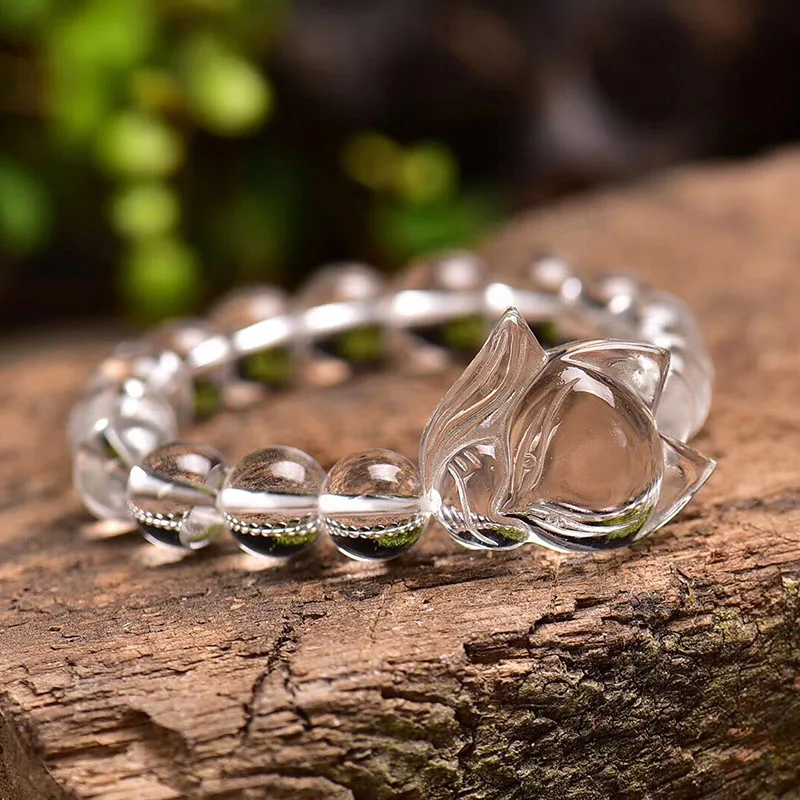 Белый натуральный кристалл браслеты 8 мм круглые бусины с браслет в виде лисы счастливое богатство для женщин девушка Кристалл ювелирные изделия