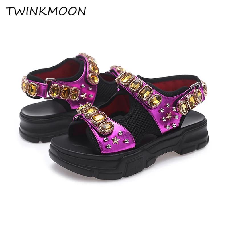 Big Rhinestone Chunky Sandal Women Platform Crystal 2019 Summer Ladies Shoes Thick Sole Height Increasing Mesh Casual Sandal
