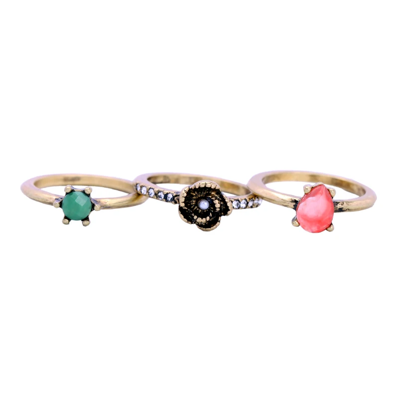 

Bulk Price 3 PCS/SET Vintage Finger Rings 2017 Antique Gold Flower Acrylic Stone Round Water drop Rings For Women Indian Jewelry