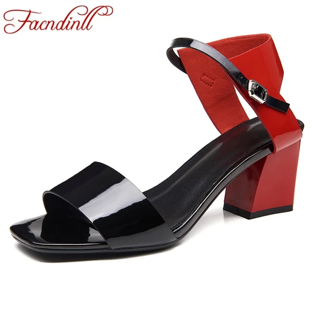 FACNDINLL fashion patent leather summer shoes woman gladiator sandals thick high heels sexy open toe women wedding dress shoes
