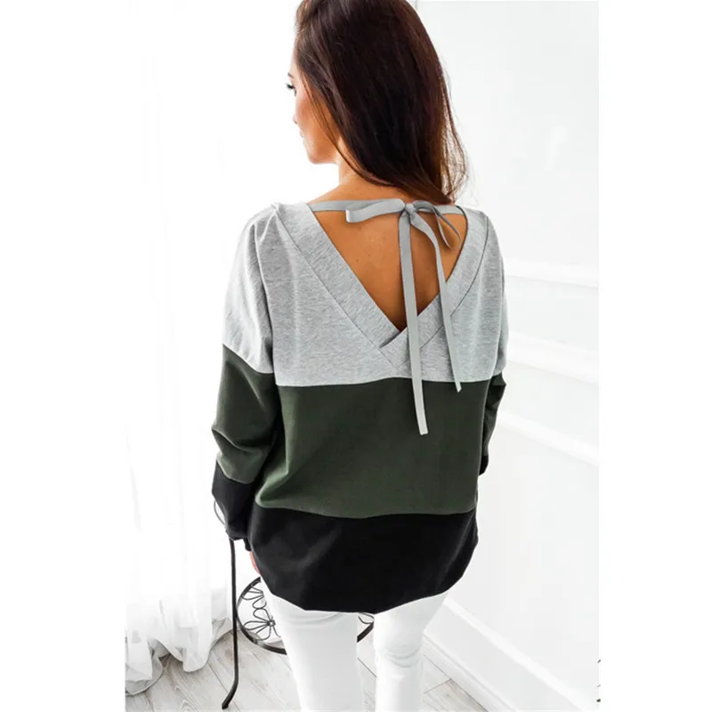 SINFEEL 2018 Autumn Sweatshirt Female Color Block Patchwork Sexy V Back Hoodie Femme Top Tee Shirt O-neck Sweatshirt Women SINFEEL 2018 Autumn Sweatshirt Female Color Block Patchwork Sexy V Back Hoodie Femme Top Tee Shirt O-neck Sweatshirt Women