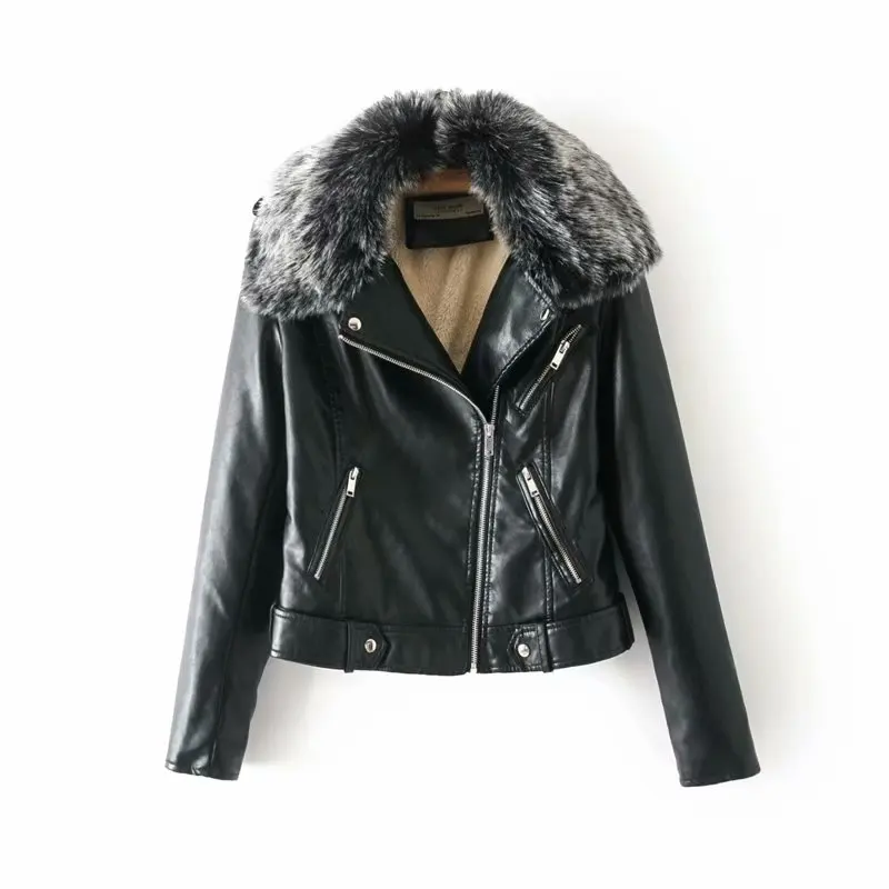 Хит, женские зимние теплые куртки из искусственной кожи с меховым воротником, женские красные, черные, синие мотоциклетные и байкерские пальто, теплая приталенная верхняя одежда - Цвет: A002 Black