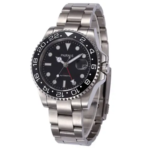 40 мм Parnis механические часы черный красный керамический ободок черный циферблат GMT светящиеся знаки сапфировое стекло автоматические мужские часы