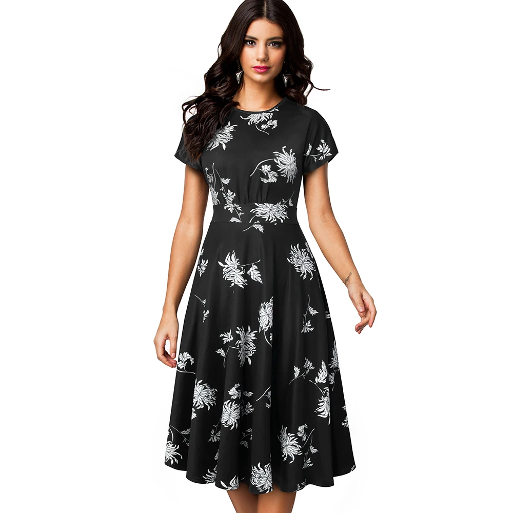 Summer Women Elegant White Floral Short Sleeve Women Dress Office Party Mid-Calf Vintage A-line Dress Vestidos EA102