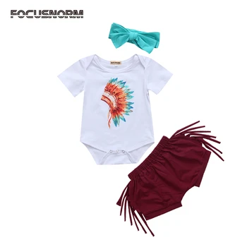 

Infant Baby Girls Feather Clothes Outfits 3Pcs Newborn Romper Tassels Shorts Headband Clothes Set