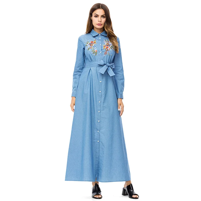 ShejoinSheenjoy Turn-down Collar Embroidery Muslim Abaya Denim Blue Women Long Dress Middle East Islamic Clothing Casual Dress (3)