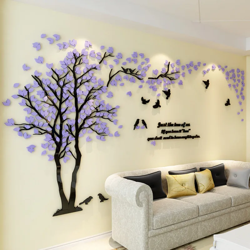 Baratos Pegatina pared amor árbol 3D con adhesivos de conejito pájaro para pared decoración de sala de estar pegatinas de pared acrílicas papel tapiz de fondo de TV