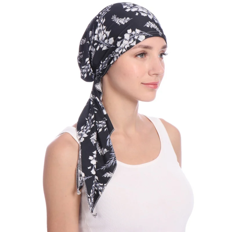 Мусульманские женские хиджабы с принтами шапки тюрбан головной шарф химиотерапия Рак шапка потеря волос шляпа длинный хвост повязка на