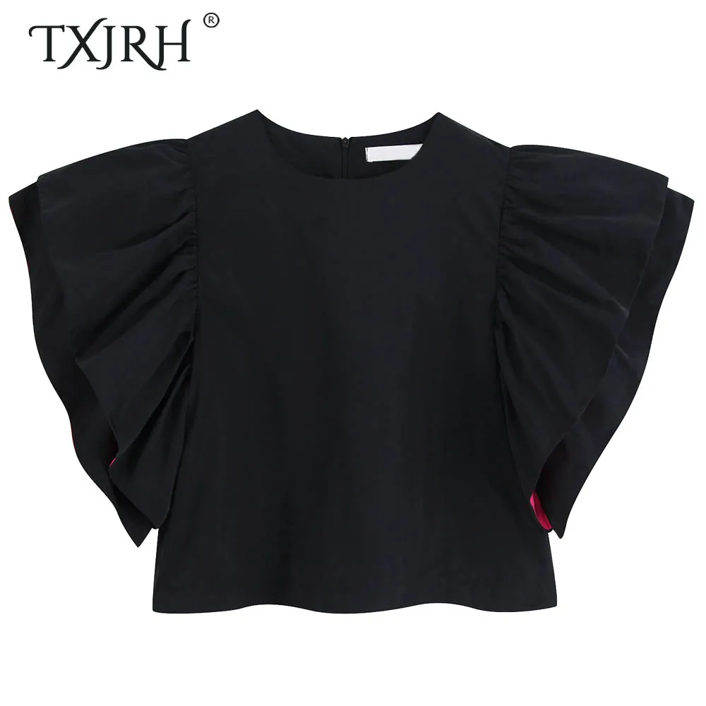 

TXJRH 2019 Fashion Black T-Shirt O-Neck Pullover Short Big Puff Sleeve Stylish Women Bottoming T-Shirt Casual Chic Tops