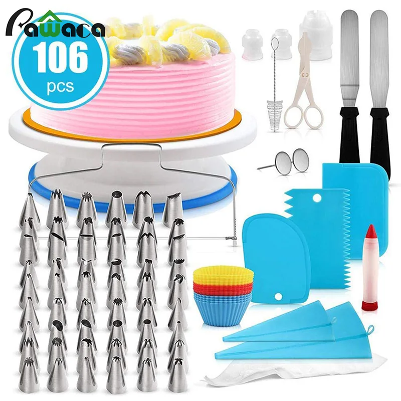 

106pcs Cake Decorating Supplies Turntable Stands Cake Tips Icing Smoother Spatula Piping Pastry Bag Decorating Pen Frosting Tool