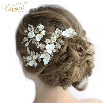 

Handmade Bride Jewelry Ceramic Flower Hair Comb Pins Set Headpiece Wedding Hair Accessories Bridal Jewelry For Women
