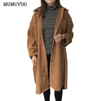 

Women Corduroy Vintage Long Trench Windbreaker Solid Turn-down Collar Wind Coat Single Beasted Long Sleeve 803-286