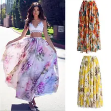 Лето, богемный стиль, женская мода, повседневное свободное с цветочным принтом, шифоновая длинная юбка макси, пляжная одежда