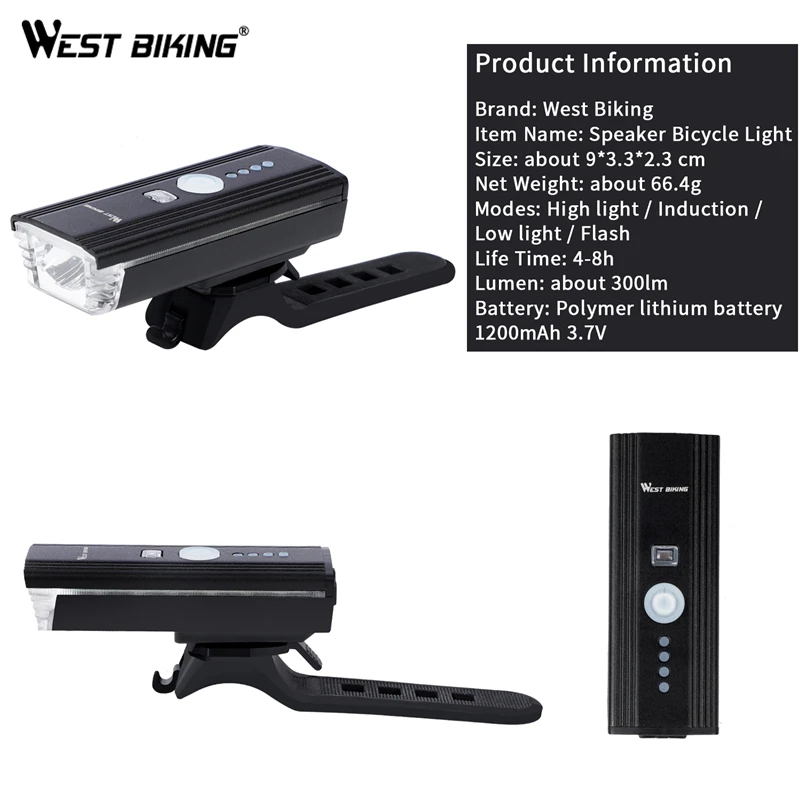 Sale WEST BIKING Bike Front Light LED Flashlight With Horn USB Charging Induction Cycling Headlight Waterproof Torch Bicycle Light 2