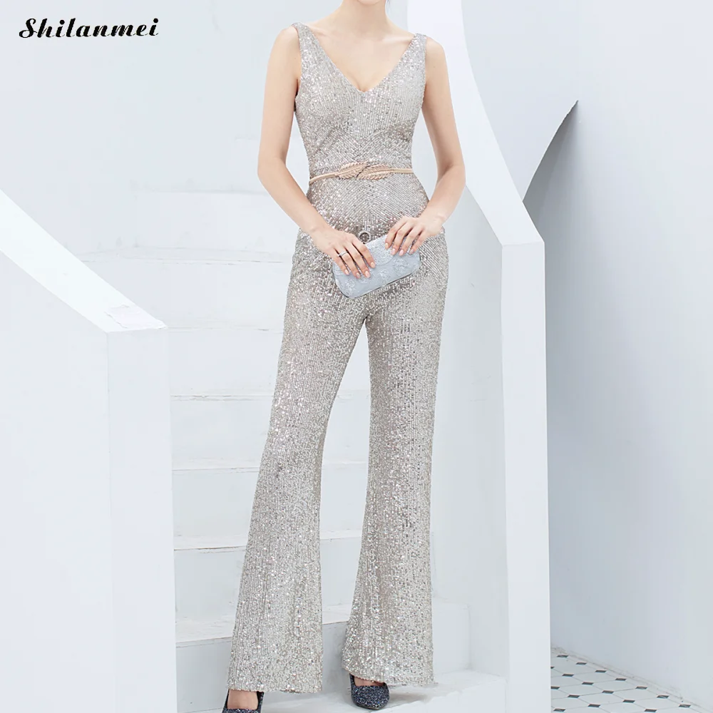 Sparkly Sequined Sequined Women Summer Sexy Deep V-Neck Club Party Long Playsuits Sleeveless Backless Elegant Romper Femme