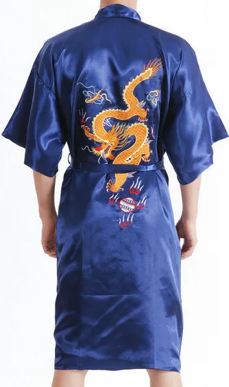 

Hot Sale Chinese Men's Satin Silk Robe Embroidery Kimono Bath Gown Hombres Vestido Dragon Size S M L XL XXL XXXL S0103-#
