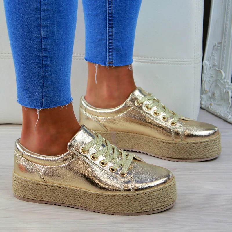 

Women Vulcanized Shoes Spring Women Casual Shoes Comfort Platform Shoes Gold Lace-up Woman Sneakers Chaussure Femme
