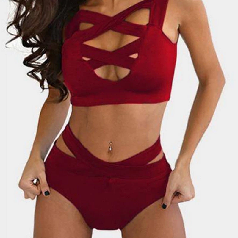 Conjunto de Bikini de cintura alta acolchado para mujer, traje de baño, traje de baño, ropa de playa
