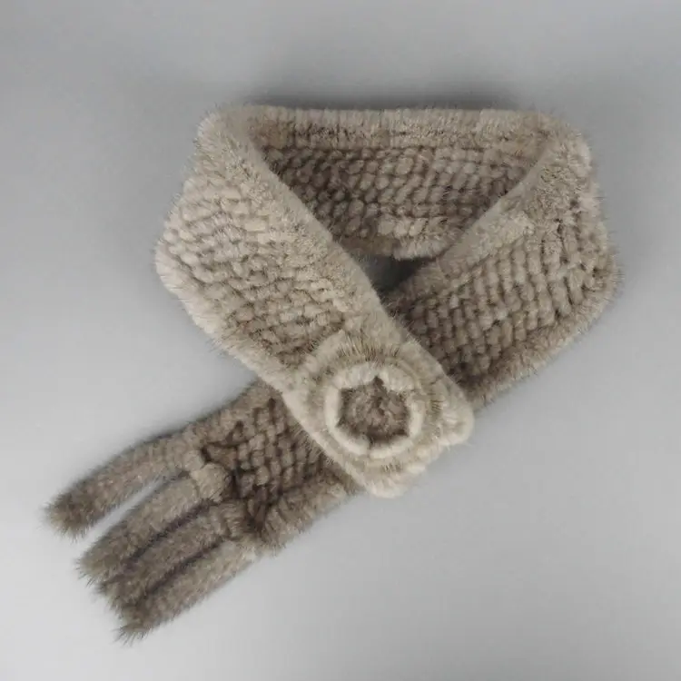 Natural Grey HSPL зимний шарф женский модный вязаный норковый меховой шарф с цветком для женщин зимой многоцветный мех шаль галстук меховой шарф - Цвет: Natural Grey