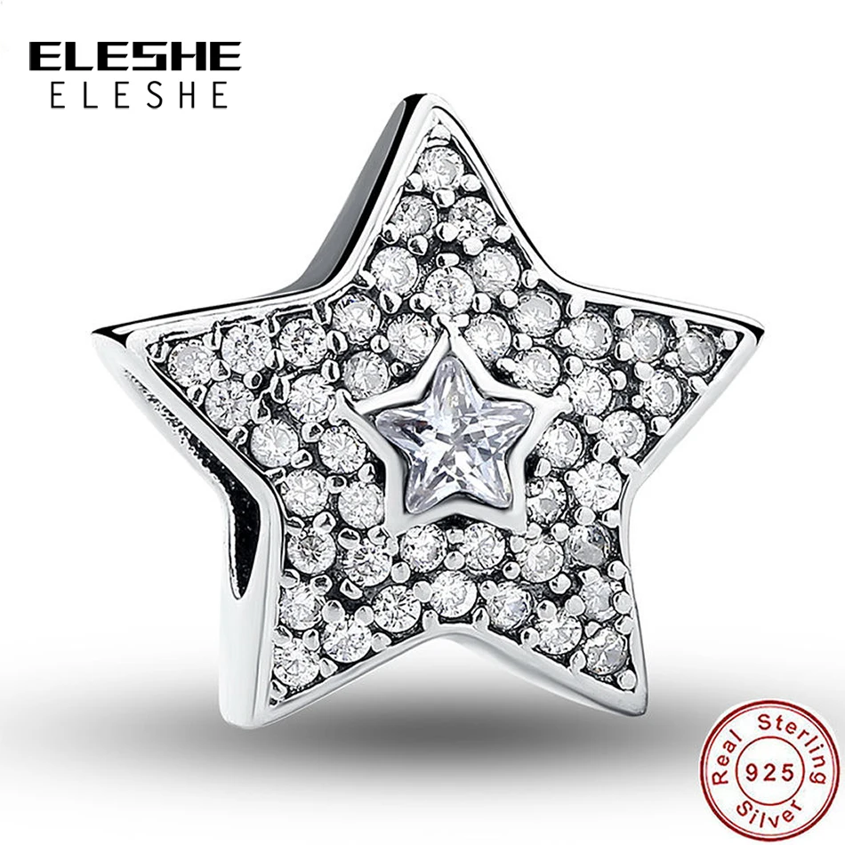 ELESHE Authentic 925 Sterling Silver Star Beads Charm Fit Original Bracelet With Cubic Zirconia DIY Jewelry Accessories