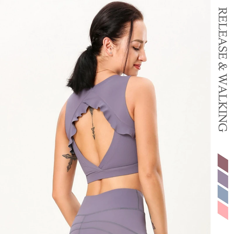 

R&W Open Back Falbala High Intensity Sports Bra Vest Yoga Running Workout Training Fitness Gym Bras Women Plus Size 2019 New