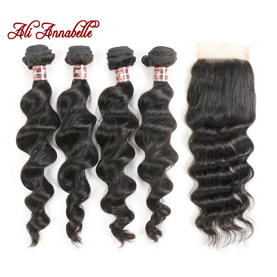 

ALI ANNABELLE HAIR Loose Wave Bundles With Closure 100% Human Hair Natural Color 4 Bundles Brazilian Remy Hair Weave Bundles