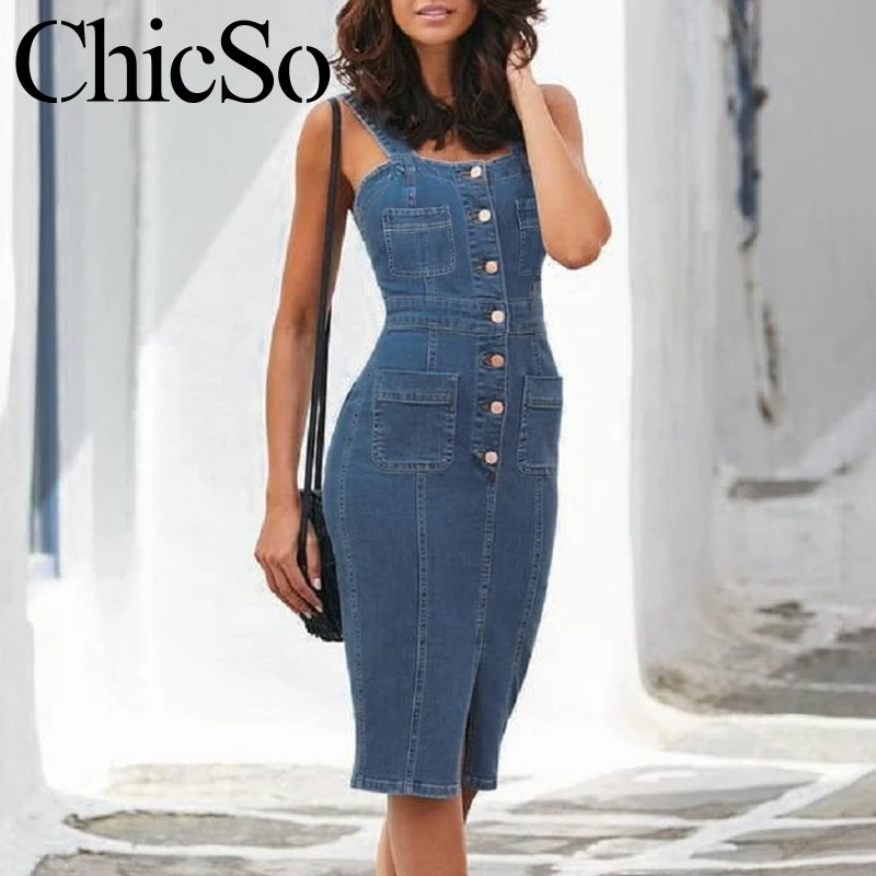 MissyChilli Split denim buttons bodycon jeans dress Women casual sleeveless backless sundress Summer slim holiday beach dress