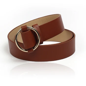 

Gold Round buckle belts female leisure jeans wild belt without pin metal buckle brown leather black strap belt women PU