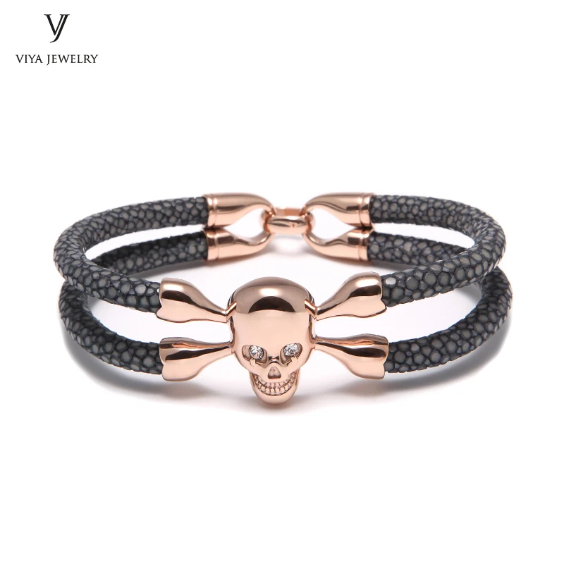 

Grey Stingray Leather Cord & Silver Color Skull Bracelet With Clear Eyes Mens Stingray Leather Jewelry Bracelet For Famous Watch