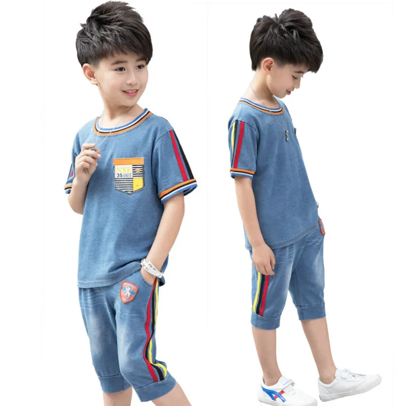 2018 new summer baby boy clothes set kids denim short sleeve shorts ...