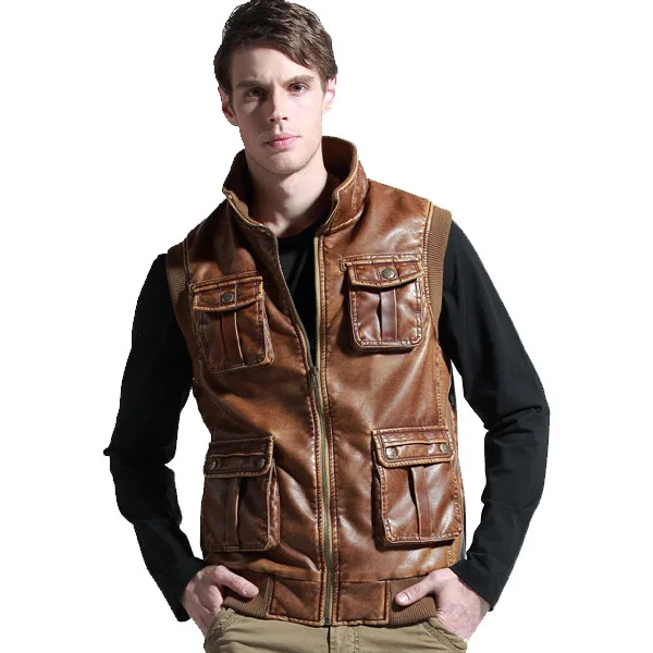 Men Pockets Pu Leather Vests Sleeveless Hooded Waistcoat Hat Detachable