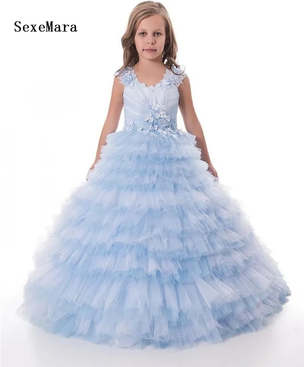 

Sky Blue Flower Girl Dresses Lace Ball Gown Little Lace Puffy Tulle Kids Birthday Gowns Pageant Gown Princess Christmas Dress