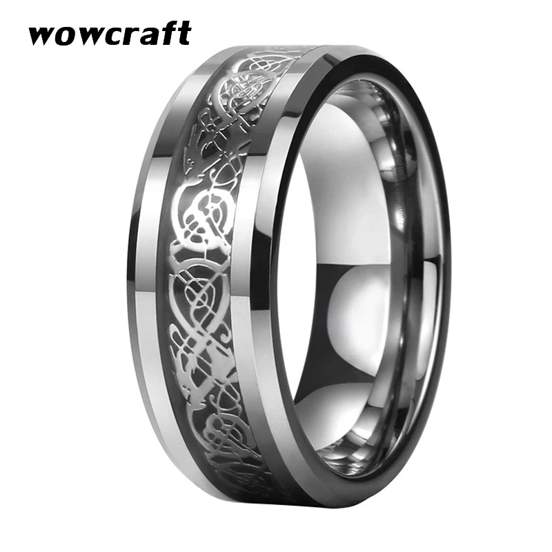 Silver Classic Tungsten Dragon Rings for Men Women 8mm Black Carbon Fiber Inlay Beveled Edges