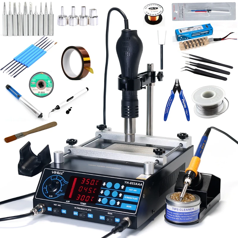 

YIHUA 853AAA 3 in 1 LED Display BGA Rework Soldering Station Hot Air Gun PCB Preheating Station Desoldering Soldering Iron Tools