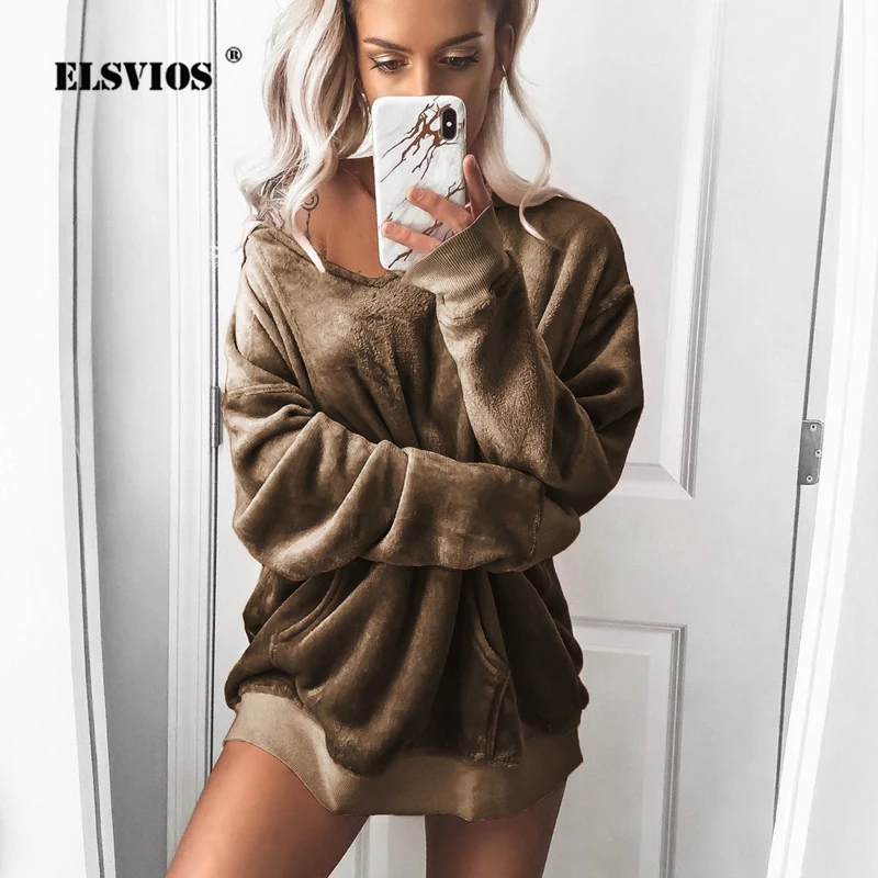 

ELSVIOS 2XL Velvet Thick Female Pullover Korean Autumn Winter Long Sleeve Hooded Tops Casual Pocket Hoodie Women Sweatshirt Coat