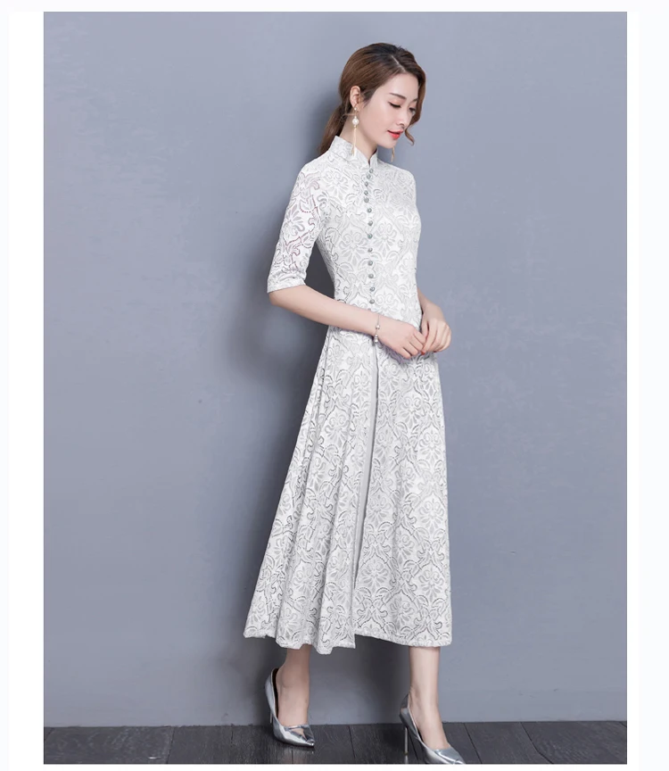 new vintage Lace Long dress women Summer Chinese Style A-Line dress Solid color Half sleeve Ankle-Length dress women