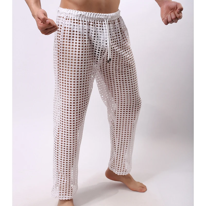 

Man Transparent Sleep Pants/Male Funny Mesh Fishnet See Through Lounge Trousers/Gay Polyester pajama Bottoms
