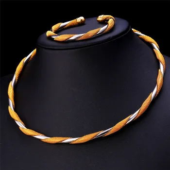 

Kpop Two Tone Jewelry Torques Necklace Bracelet For Men/Women Wholesale Jewelry yellow Gold Color Round Vintage Set NH142