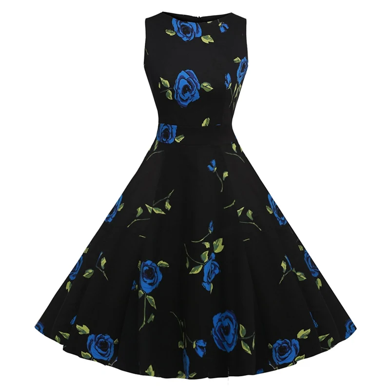 Kostlish Cotton Summer Dress Women 2017 Sleeveless Tunic 50s Vintage Dress Belt Elegant Print Rockabilly Party Dresses Sundress (52)