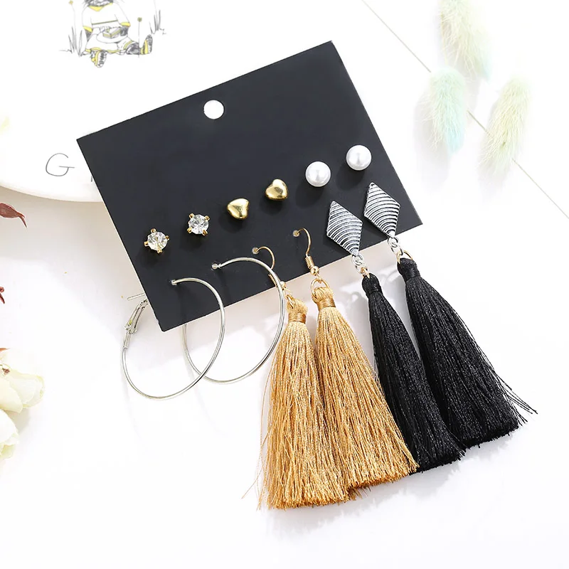 

YANG&RH Fashion Long Tassel Earrings Set For Women Statement Heart Hoop Simulated Pearl Earring Stud Gold Silver Colors Gift