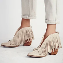 NOUS 5-9 Femme En Cuir Véritable Confort Faible Épaisseur Talon Fringe Bout Pointu Bottines Cowboy Style Gland Martin bottes