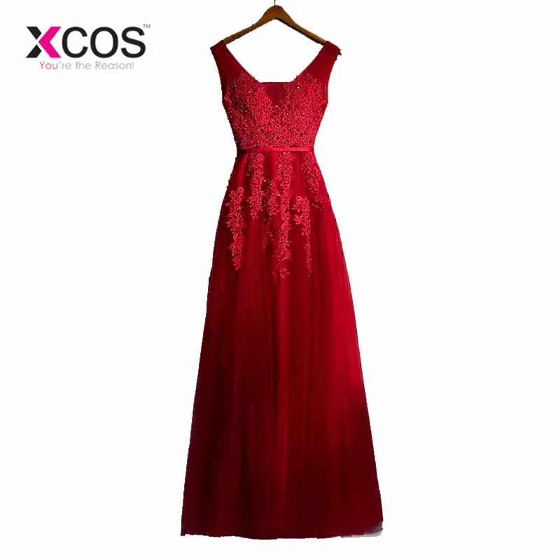 

XCOS Vestido De Festa V Neck Red Vintage Lace Appliques Beaded Long Bridesmaid Dresses Women Formal Party Gowns robe rouge